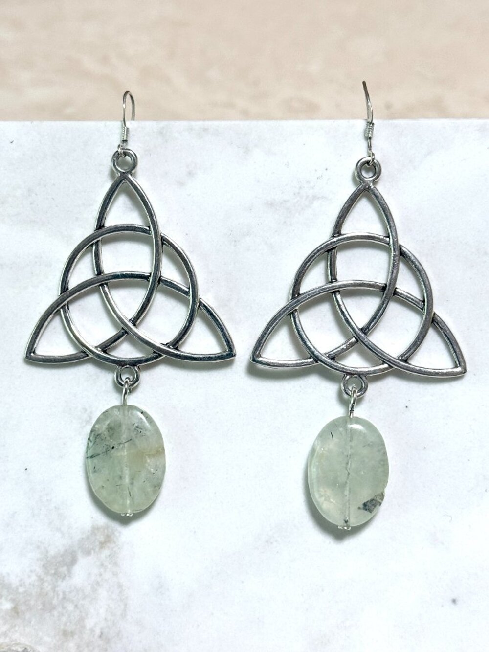 2/$20, Pale Green Prehnite Celtic Trinity Earrings, Gemstone & 925 Silver Hooks